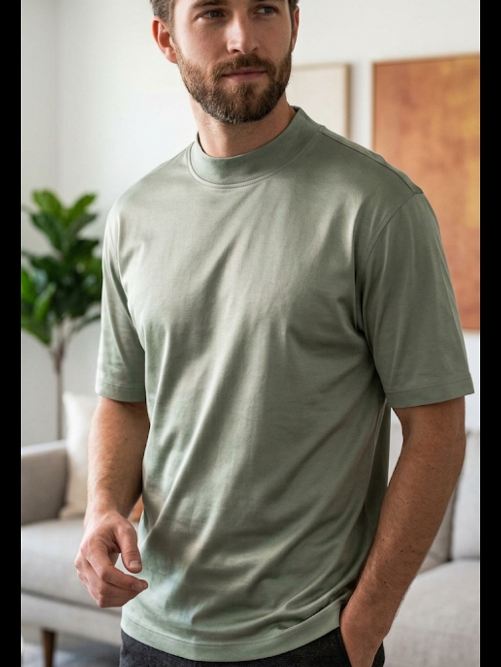 BUGATCHI UOMO Men's Relaxed Mock Neck Tee in Sage Green Size L LUXURY